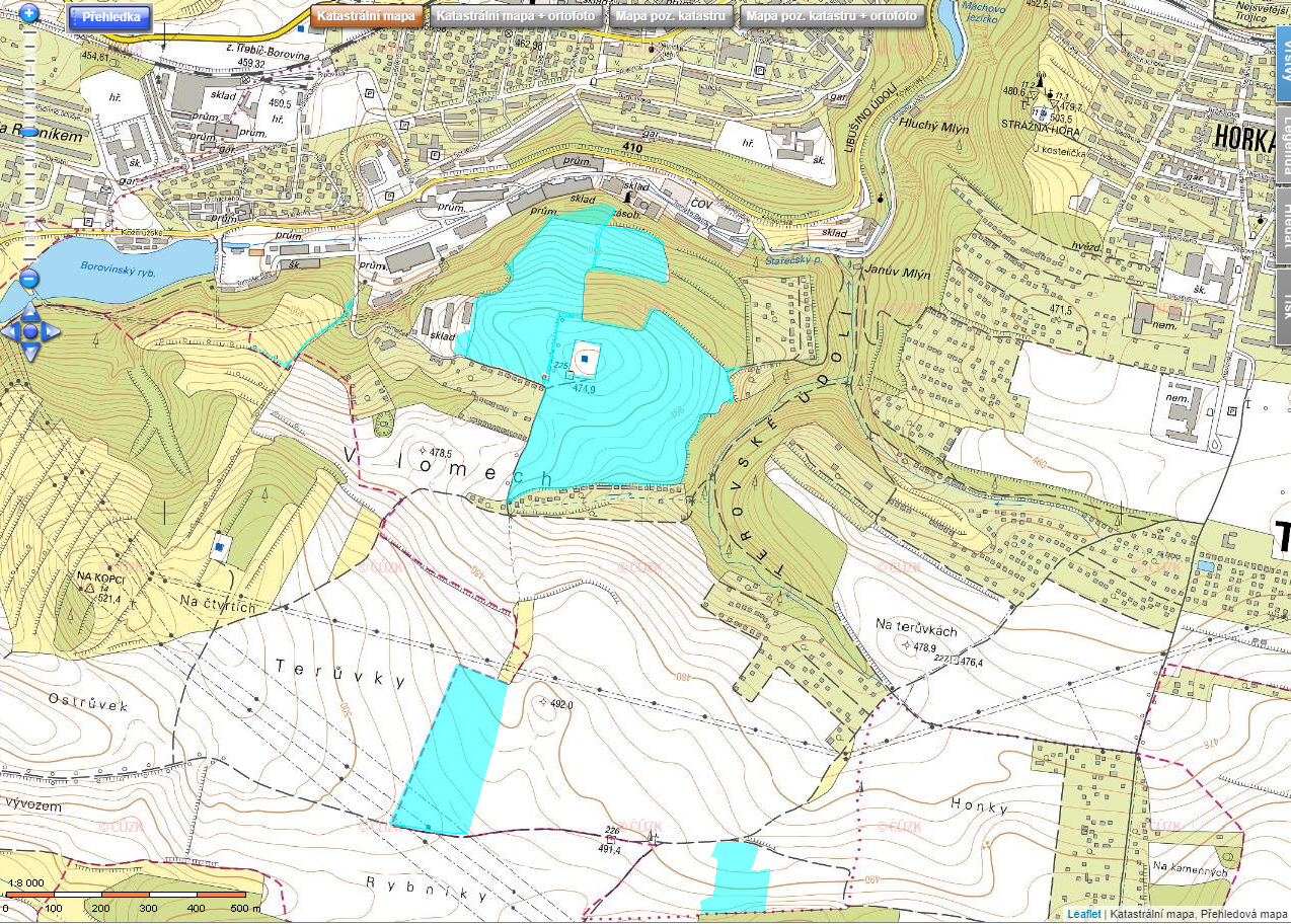 Na tomto obrázku jsou vyznačeny světle modrou barvou všechny pozemky Richarda Horkého jižně od BOPA