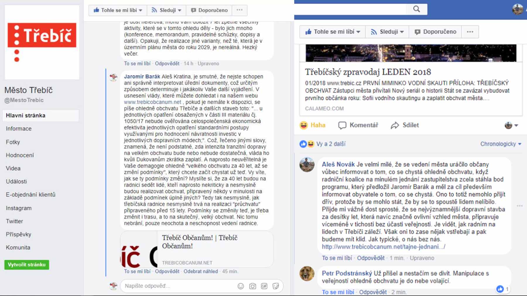 Příspěvky na městském Facebooku, které byly vedením města cenzurovány