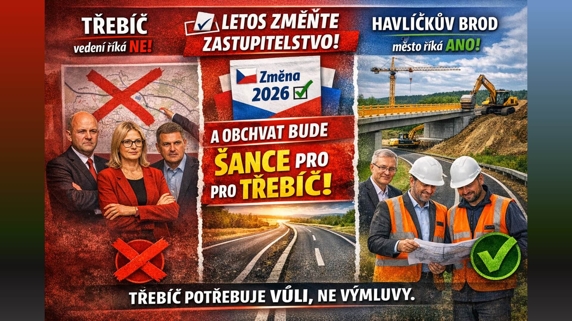 🗳️ Třebíč potřebuje letos změnit zastupitelstvo. Havlíčkův Brod ukazuje, že obchvat jde dělat profesionálně — když je politická vůle